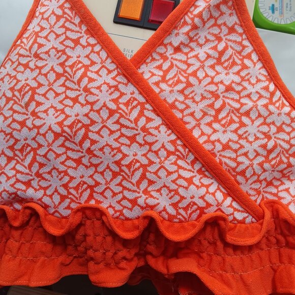 XS Vintage 70's Style Orange Floral Halter Crop Top Ruffle Hem Adjustable Tie - Picture 5 of 8